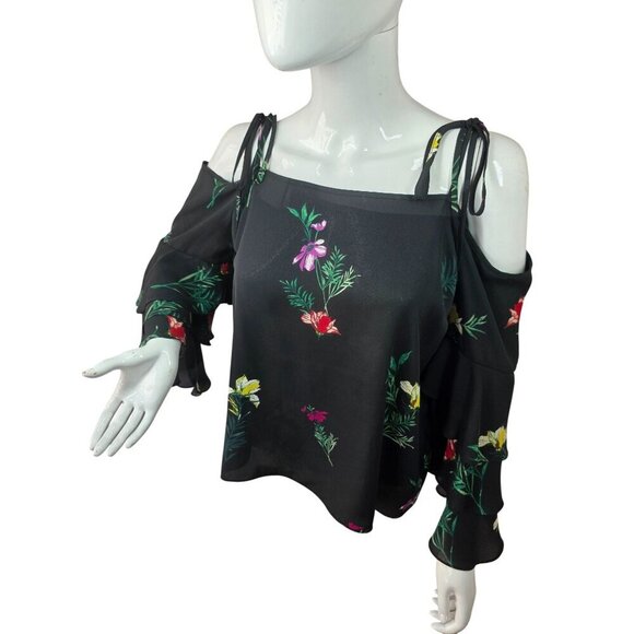 Vince Camuto Black Floral Off-Shoulder Blouse Size M Crop Ruffle Bell Sleeve - Picture 1 of 8